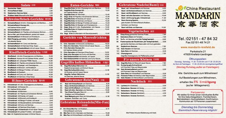 Speisekarte – China Restaurant Mandarin in Krefeld